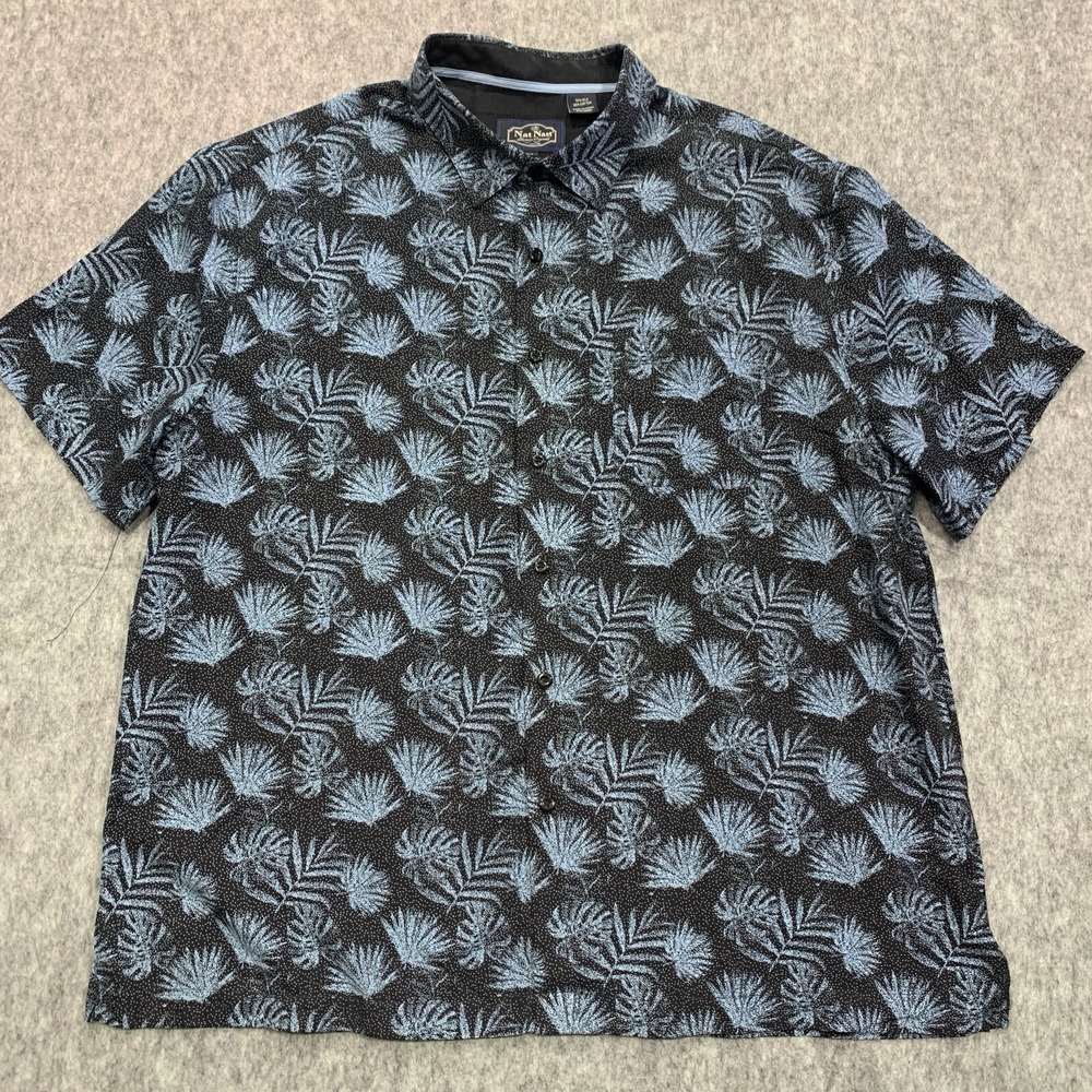 Nat Nast Shirt Silk Blend Palm Leaf Black Blue Short Sleeve Button Mens Size XL